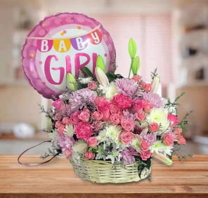 baby girl flowers and balloon