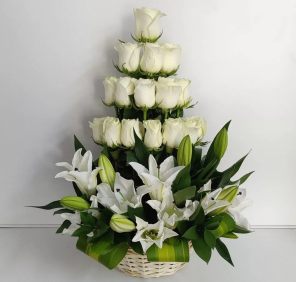 white roses lilies basket