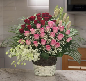 roses lilies orchids basket