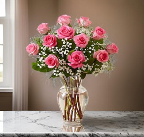 12 pink roses vase