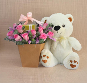 12 pink roses gift bag