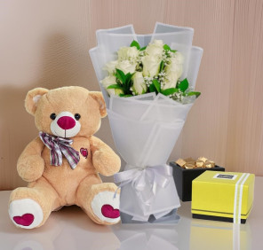 white roses teddy and chocolates