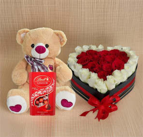 heart shape roses chocolates and teddy