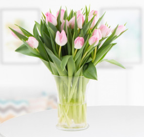 20 PINK TULIPS IN GLASS VASE