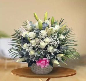 white flower basket