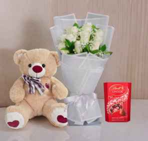 white roses teddy and chocolates