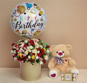 spray roses teddy and chocolates