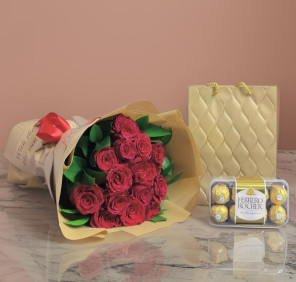 red roses bouquet with chocolates
