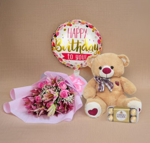 Flower bouquet teddy and chocolates