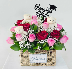 buy rose basket with teddy