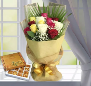 Diwali sweets and roses bouquet